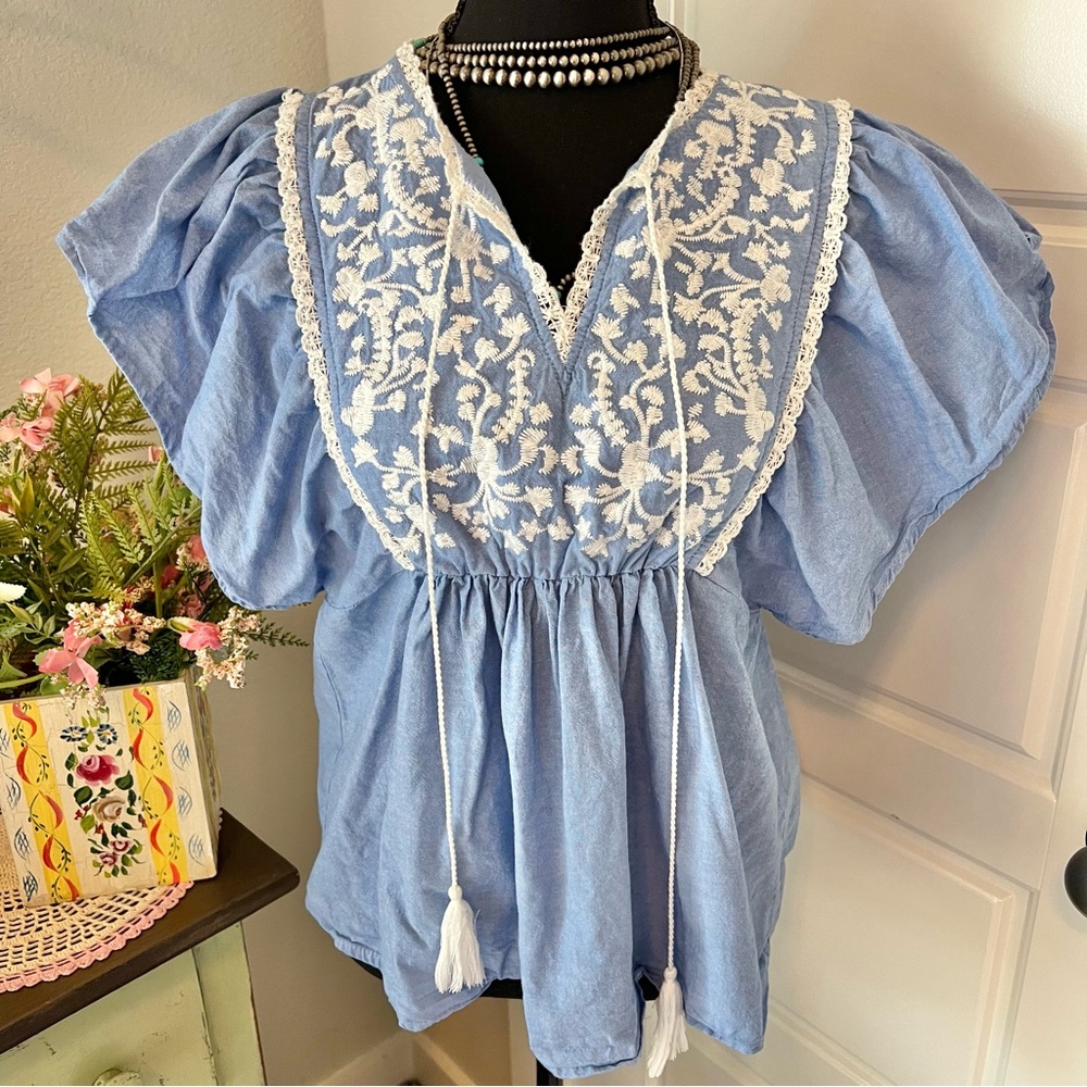 Embroidered V-Neck Puff Sleeve Top - Light Blue
